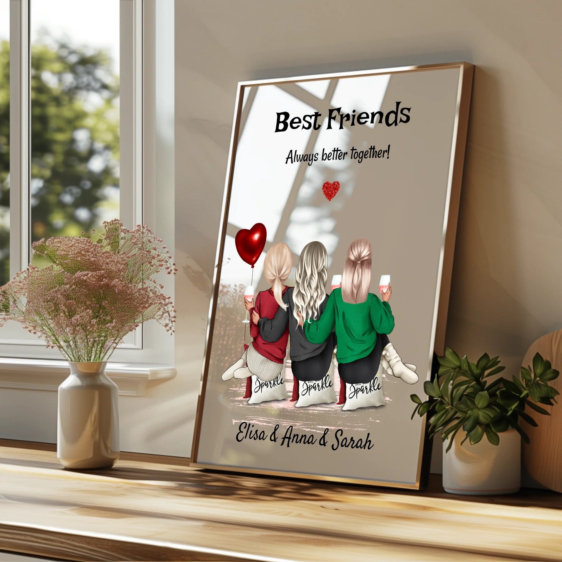 3 beste Freunde Mädchen Geschenk Bild personalisiert - Prinolla