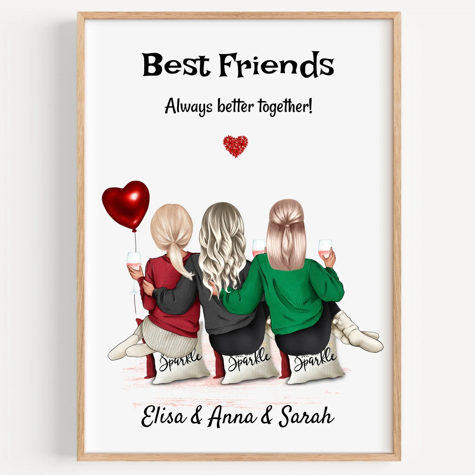 3 beste Freunde Mädchen Geschenk Bild personalisiert - Prinolla