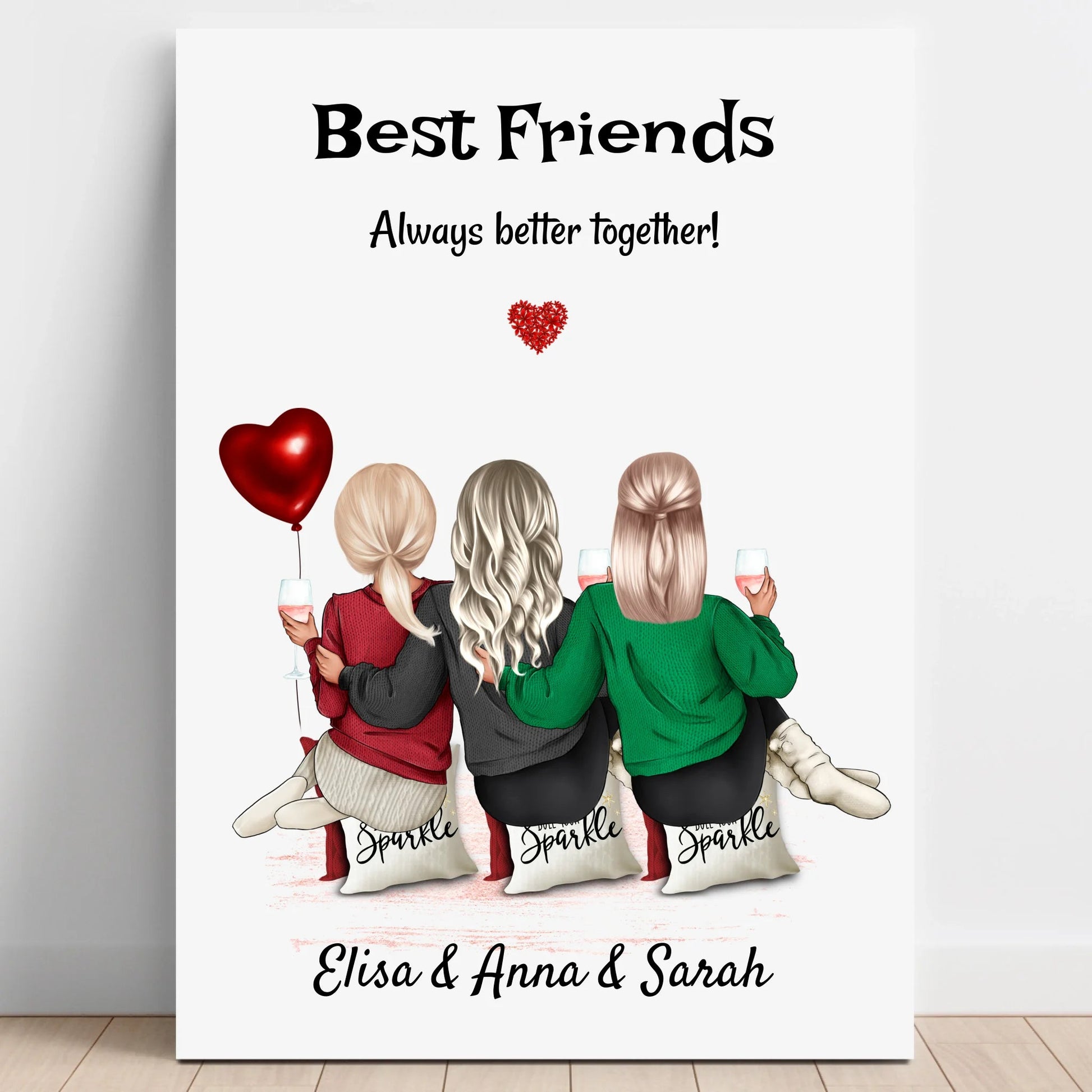 3 beste Freunde Mädchen Geschenk Bild personalisiert - Prinolla