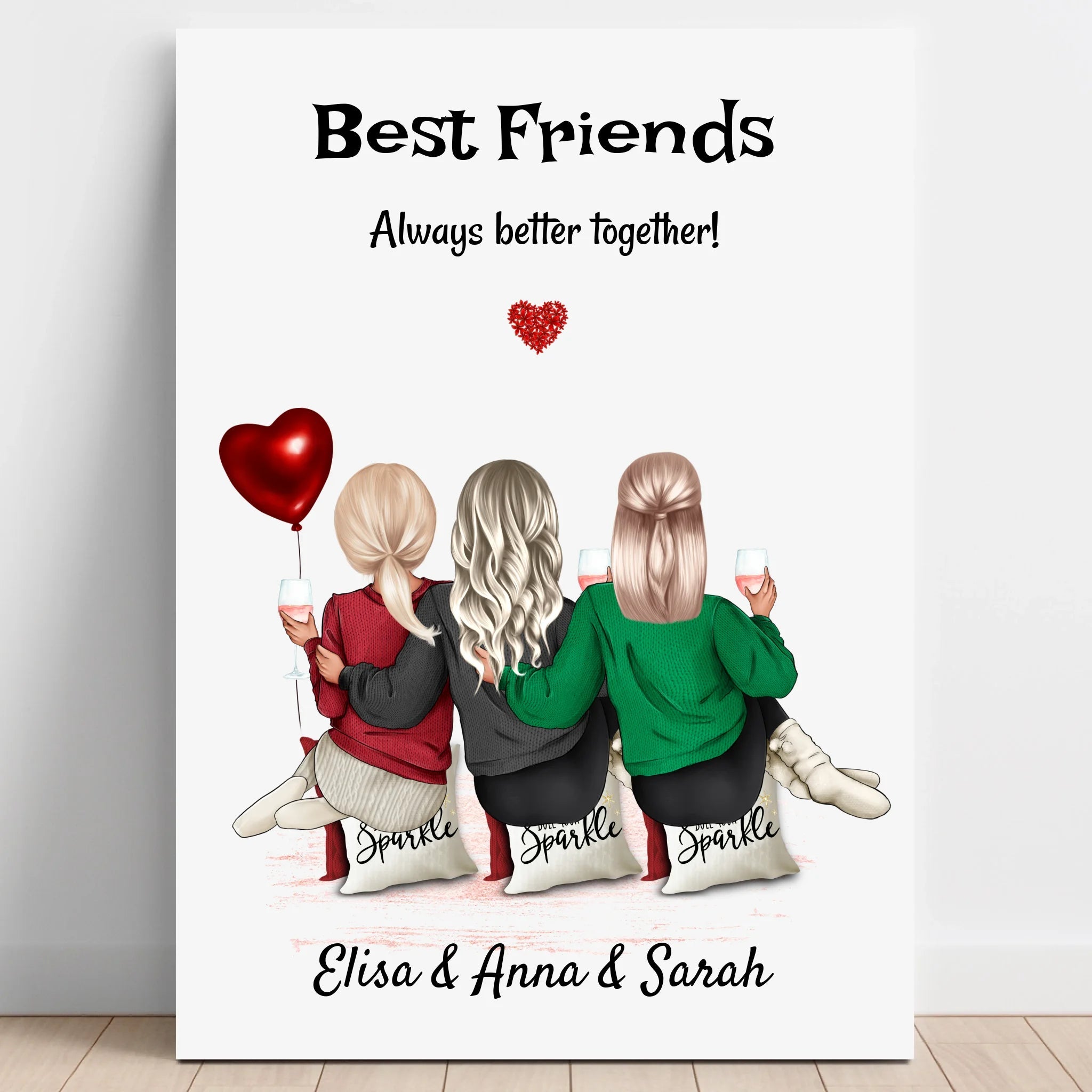 3 beste Freunde Mädchen Geschenk Bild personalisiert - Prinolla