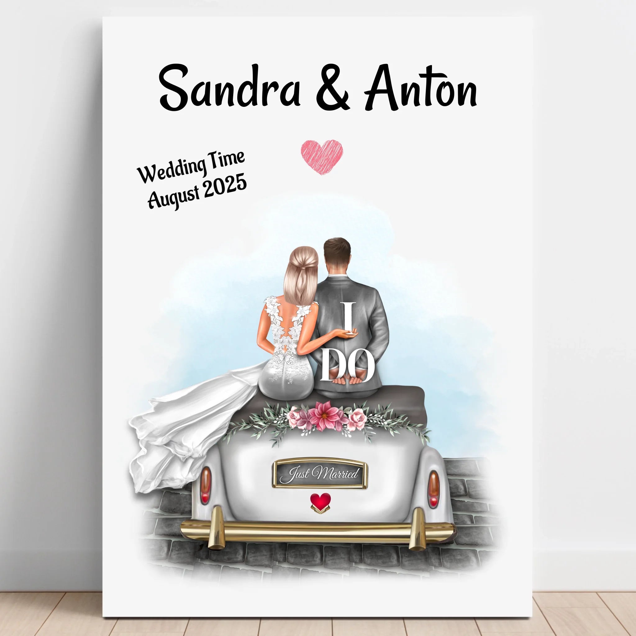 Hochzeitspaar im Auto Poster Illustration Geschenk personalisiert - Prinolla