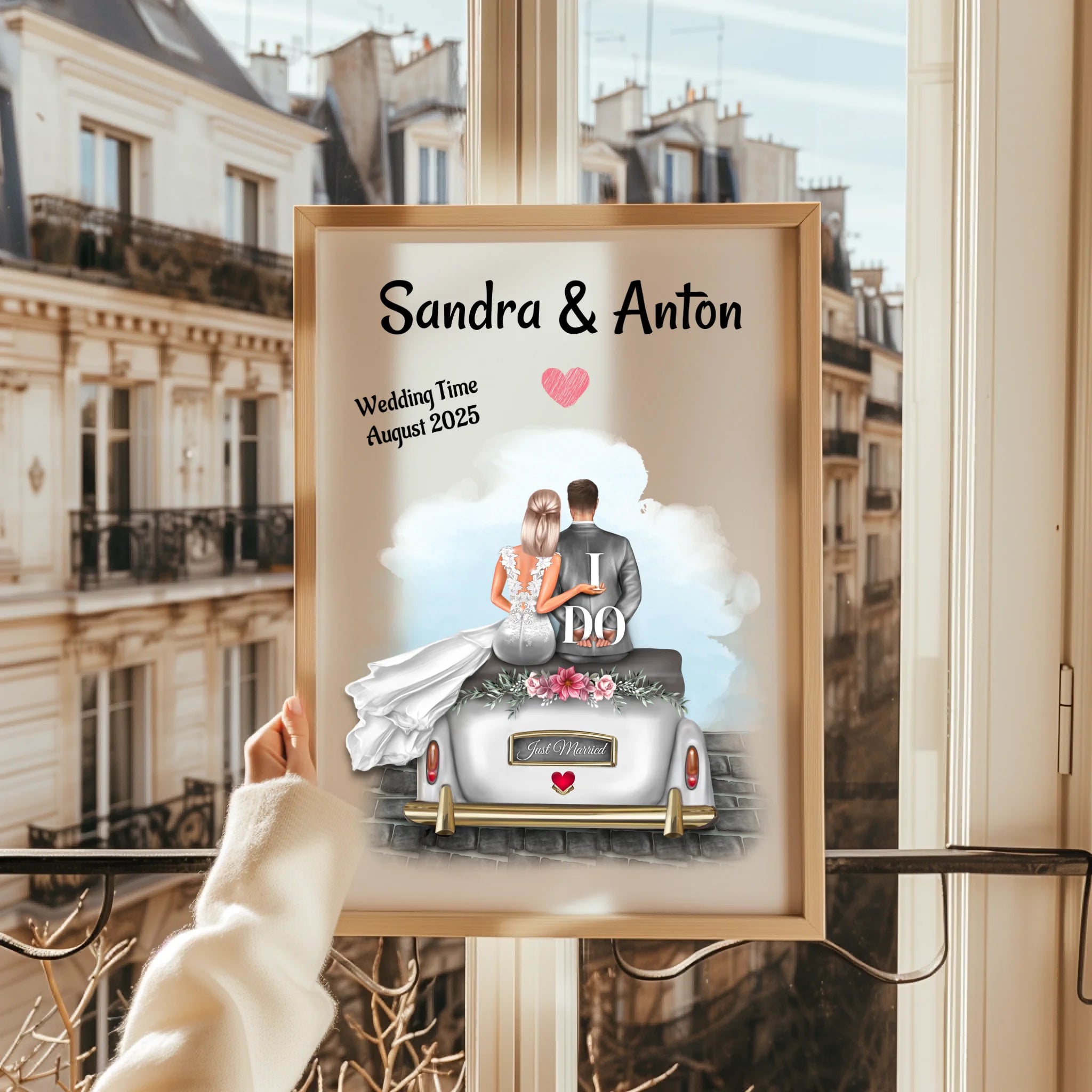 Hochzeitspaar im Auto Poster Illustration Geschenk personalisiert